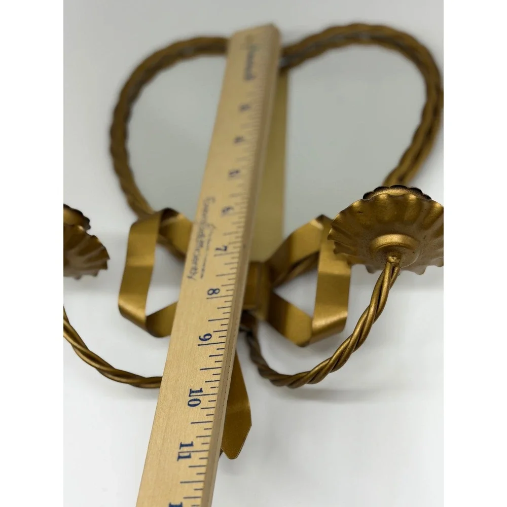 VTG Heart Mirror Candle‎ Sconce Gold Bow Ribbon Twisted Metal Hollywood Regency